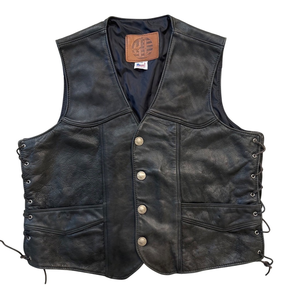 Vintage Kerr Leathers Black Leather Biker Vest  XL Buffalo Nickel Snaps Made USA